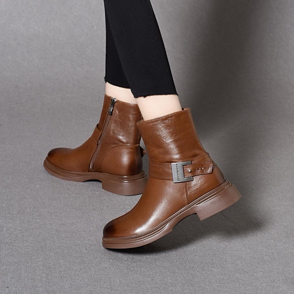 Martin Boots Women's Boots Autumn and Winter Round Head Belt Buckle Medium Boots Cowhide Flat Bottom Leather Boots Women's Cotton Boots