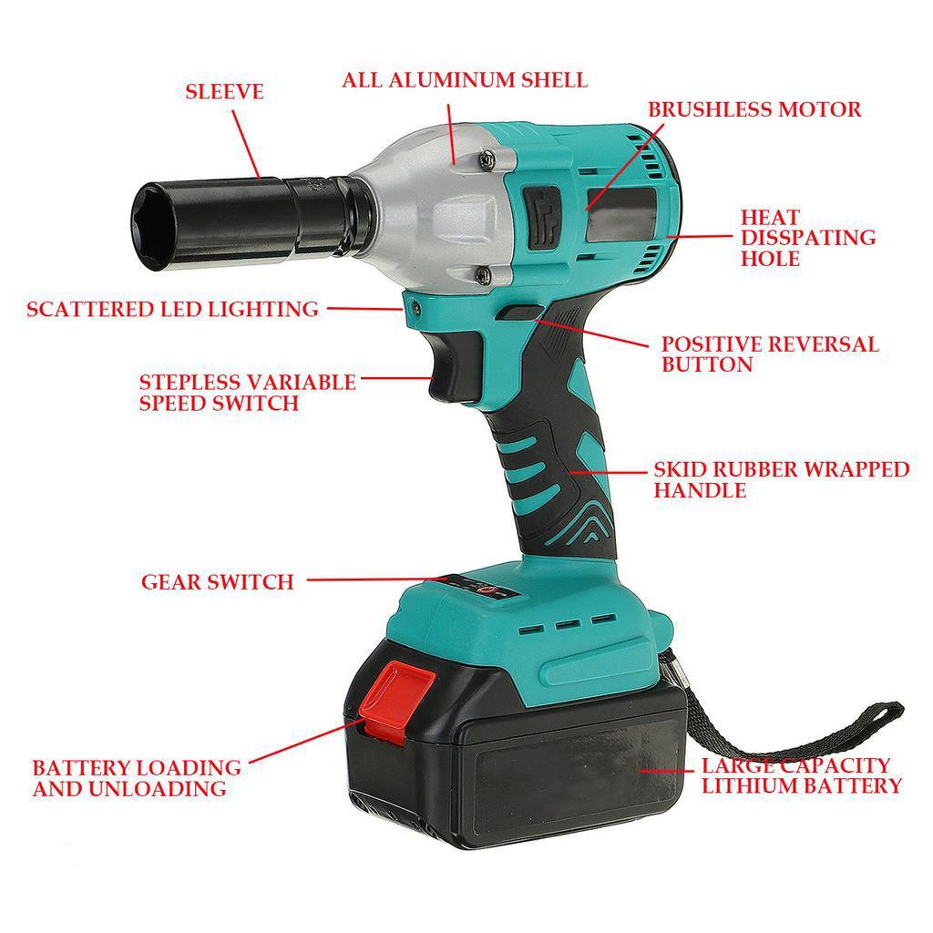 100-240V AC 880N.m Electric Brushless Impact Wrench Rechargeable Cordless 1/2 Socket Wrench Tool With 1 Battery