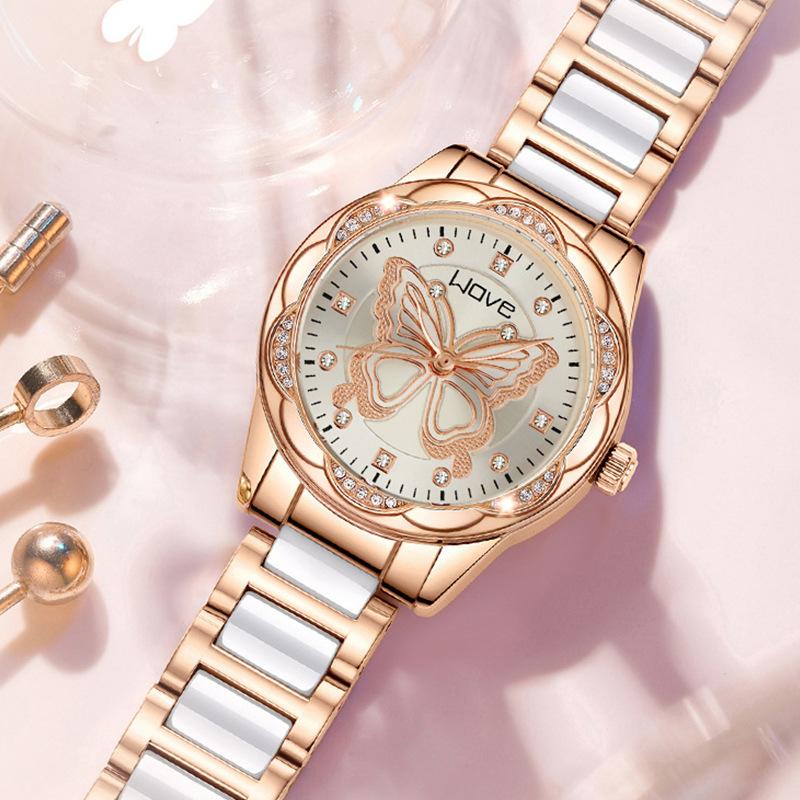 Women Quartz Watch Simulation Ceramic Rhinestone Butterfly Wristwatch