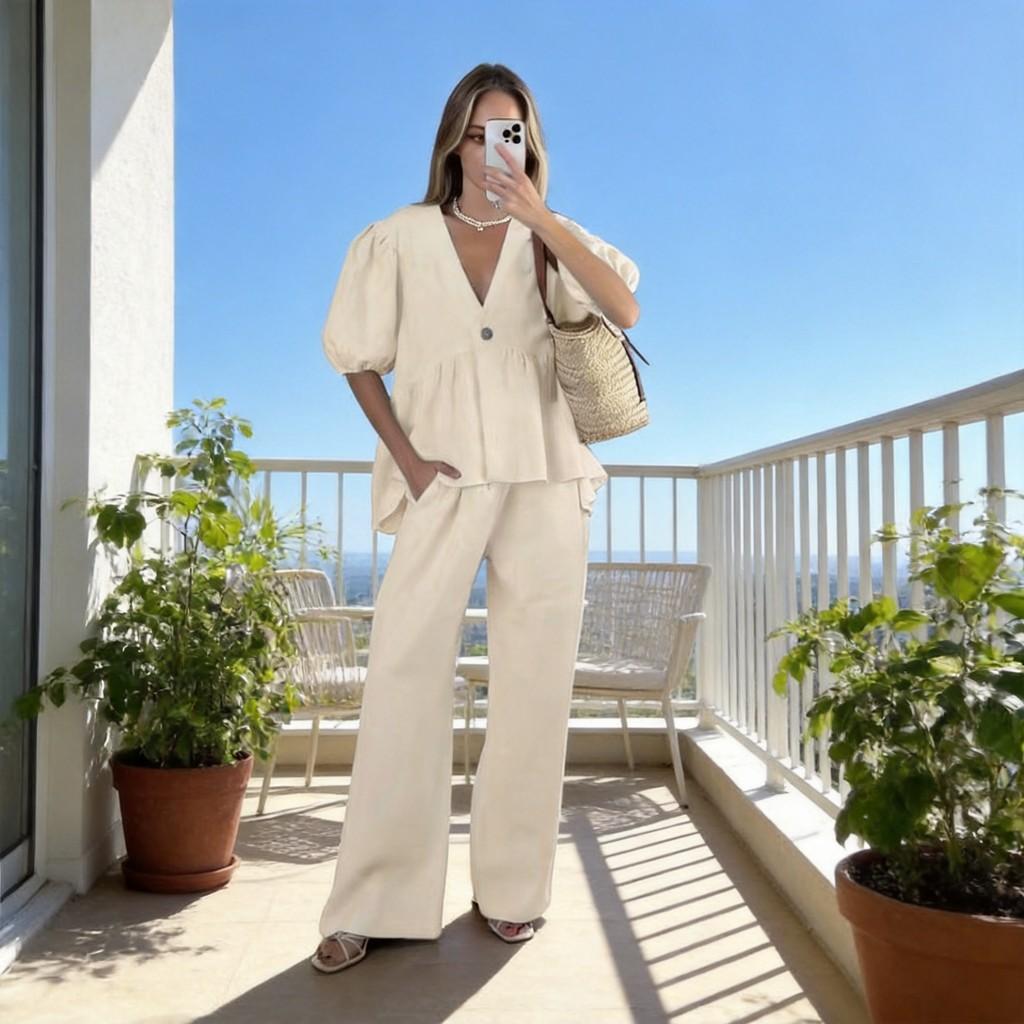 French Sweet Style Solid Vneck Bubble Sleeve Pantsuit With Tie For Summer Casual Wear