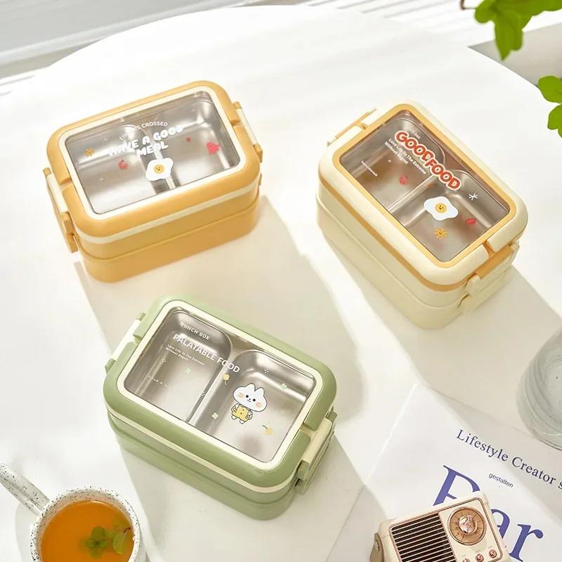 Cute Double-layer Lunch Box Stainless Steel Thermal Insulation Lunch Box with Handle Sealed Leak Proof Outdoor Picnic Bento Box