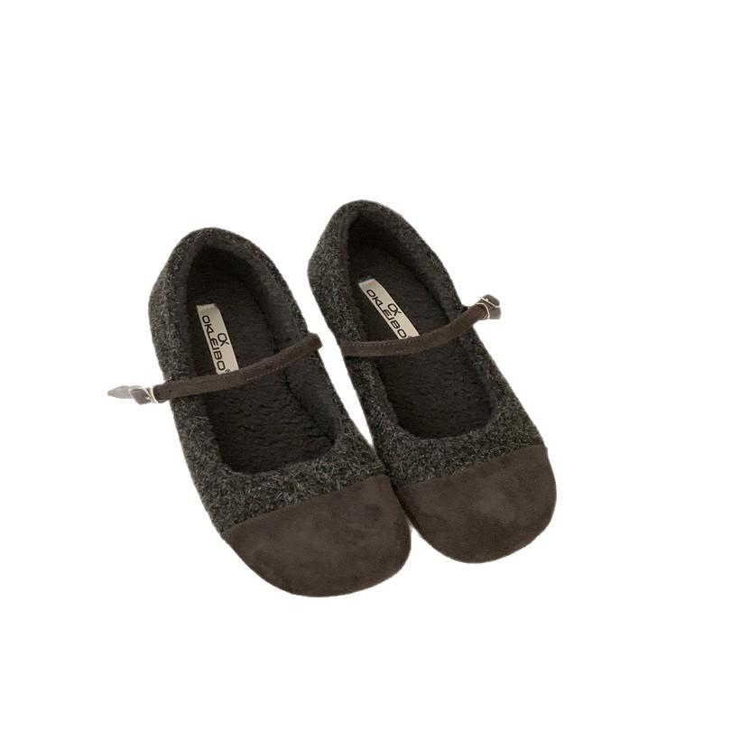 Classic single shoes light and comfortable low heel light mouth suede one-word buckle rubber round head small leather shoes women