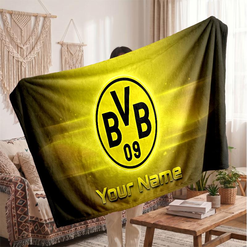 Borussia Dortmund Personalized Fleece Blanket With Football Logo, Custom Name Text Soft Warm Home Throw Blanket