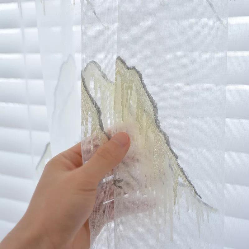 Velvet Landscape Painting Embroidery Curtain Yarn Classical High Mountains And Flowing Water White Gauze Curtain Semi-Blackout Curtain Living