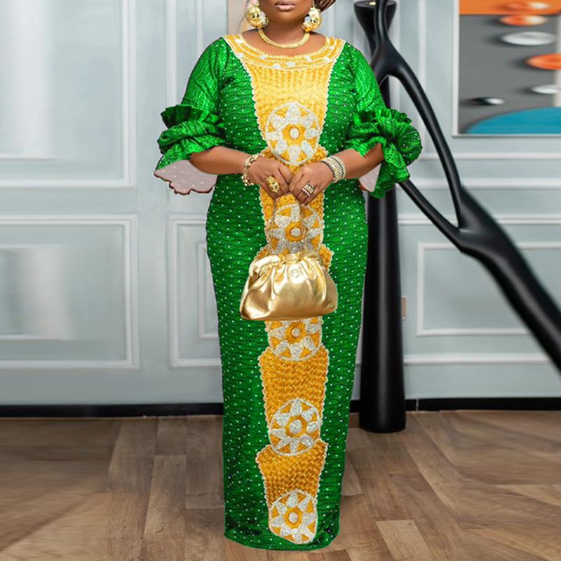 

Женские платья больших размеров с круглым вырезом и коротким рукавом с оборками и принтом 3XL зелёный