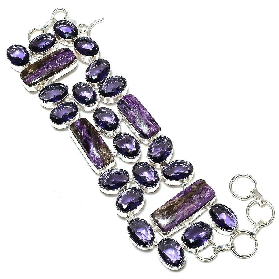 

Браслет из стерлингового серебра 925 пробы с натуральным российским чароитом и аметистом 7-8 дюймов n9S75