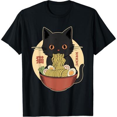 Cat Ramen Funny Graphic Tees Japanese Kawaii Cat Anime T-Shirt