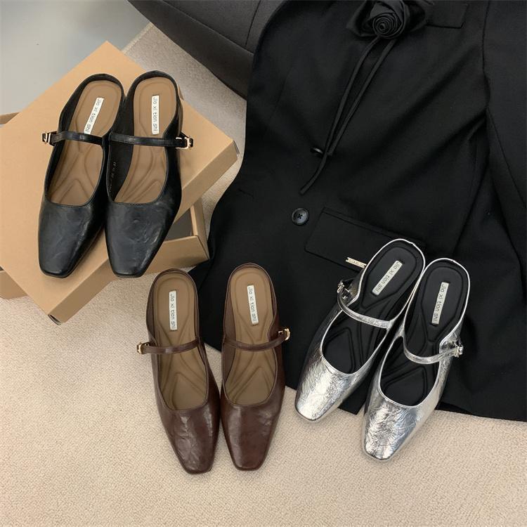 Baotou half slippers women's summer outer wear spring and autumn new Korean version French evening breeze temperament silver single shoes thick heel