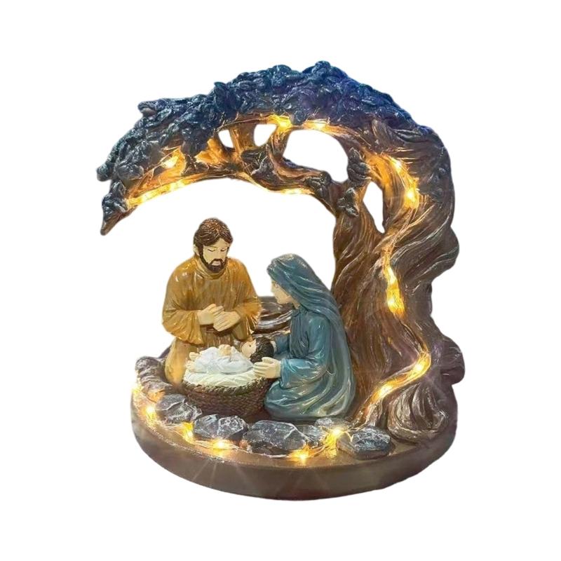 Sacred Nativity Scene Under Tree Resin Sculpture Decoration with LED Lighted for Christmas Home Tabletop Decors Ornament