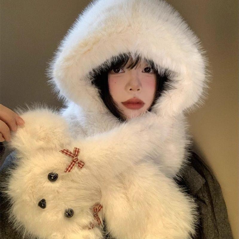 Women's Super Cute Bowknot Puppy Autumn Winter Warm Hat Scarf Integrated Face-Flattering Ear Protection Cute Hat
