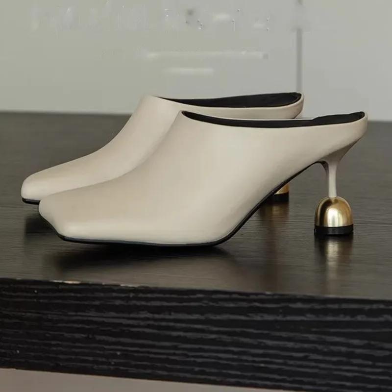 2025 Nuevas Zapatillas Elegantes de Punta Cuadrada para Mujer Sandalias de Cuero de Tacón Medio de Moda Zapatos Mule Tendencia Primavera Diseñador Vestido Femme Chaussures