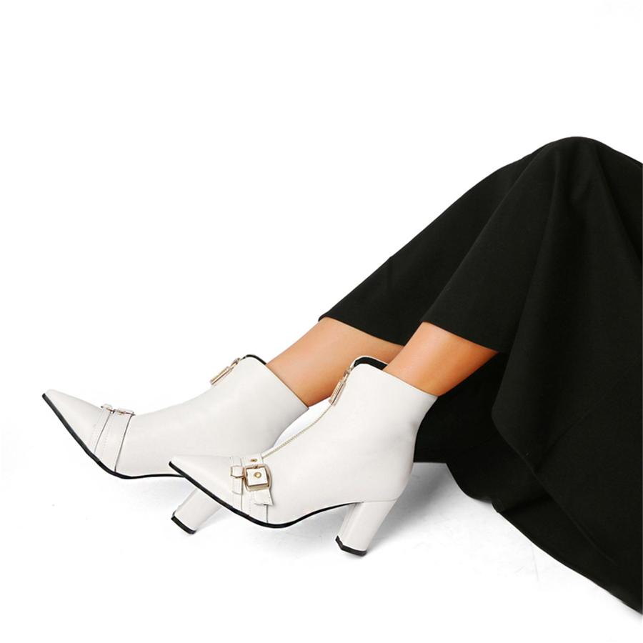 FOREADA Women Ankle Boots Pointed Toe Chunky High Heels Buckle Zipper Short Boots Ladies Fashion Shoes Winter Black