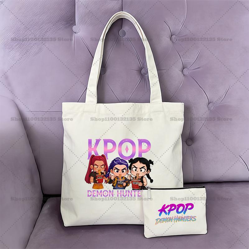2pcs KPop Demon Hunter Handbag Coin Purse Girl Bag Shopping Canvas Shopper Tote Wallet Shoulder Lady Bags Women Gift Kid Friendly Entertaining Fun