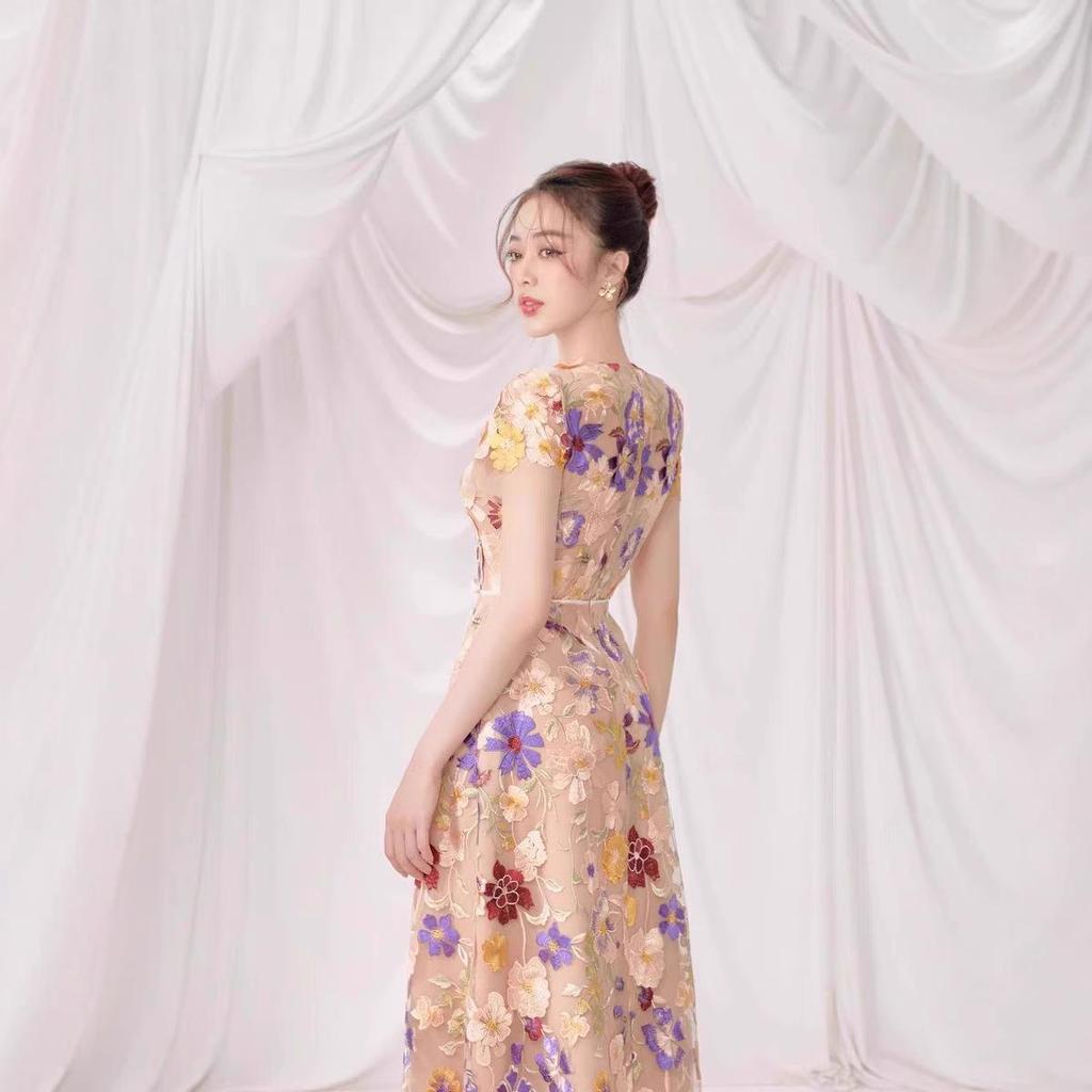 Colorful Flower Embroidery V-Neck Short-Sleeve Dress by Vietnamese Designer