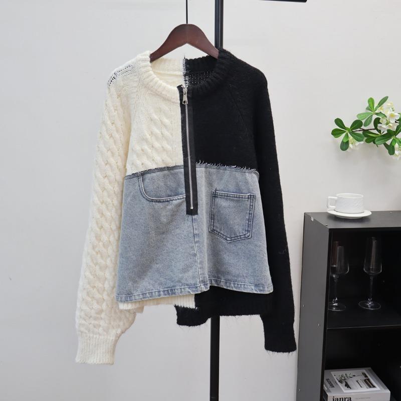 Autumn and Winter New Loose Casual Design Sweater Jacket Women's Semi-zipper Splicing Denim Knitted Sweater