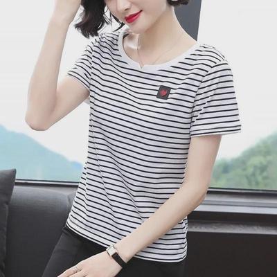 Top de vară coreean cu dungi pentru femei, cu croială largă - Tricou cu mânecă scurtă casual și versatil pentru mame de vârstă mijlocie