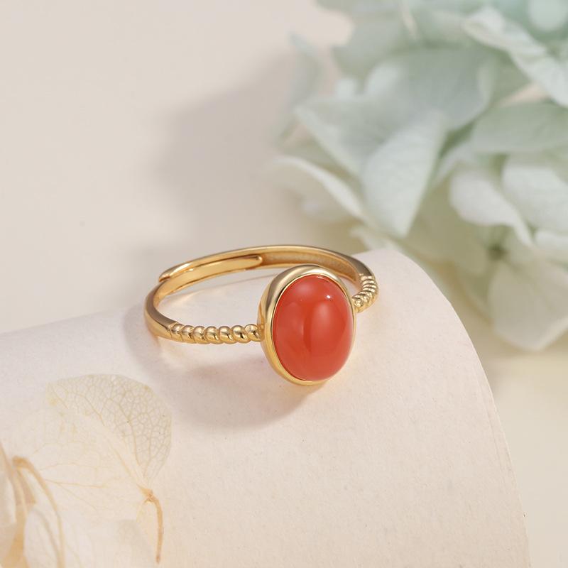 Natural Nanhong s925 sterling silver ring egg surface silver inlaid Nanhong ring opening cross-border versatile jewelry fashion gift Adjustable opening
