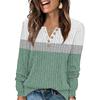Women's Fashion V-Neck Button-Front T-Shirt With Striped Patchwork Print Long-Sleeved Top