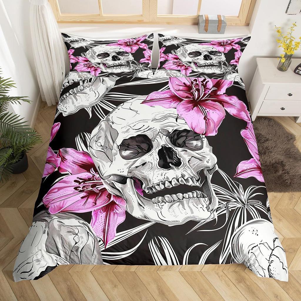 Sugar Skull Duvet Cover King, 3D Skull Bedding Set for Boys Girls, Bones Skeleton Blue Roses Comforter Cover with Pillowcases