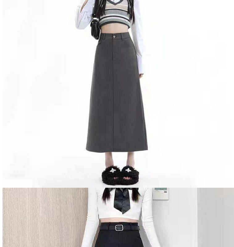 Women's Gray Midi Skirt - 2024 Spring/Autumn Collection: High Waist, Slimming Draped A-Line with Slit.