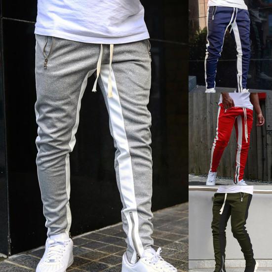 Men Sweatpants Contrast Colors Elastic Waist Drawstring Breathable Autumn Trousers for Jogging