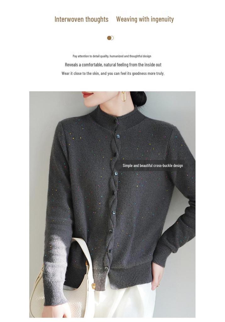 Women's Wool Knit Cardigan with Colorful Beads & Half-High Collar