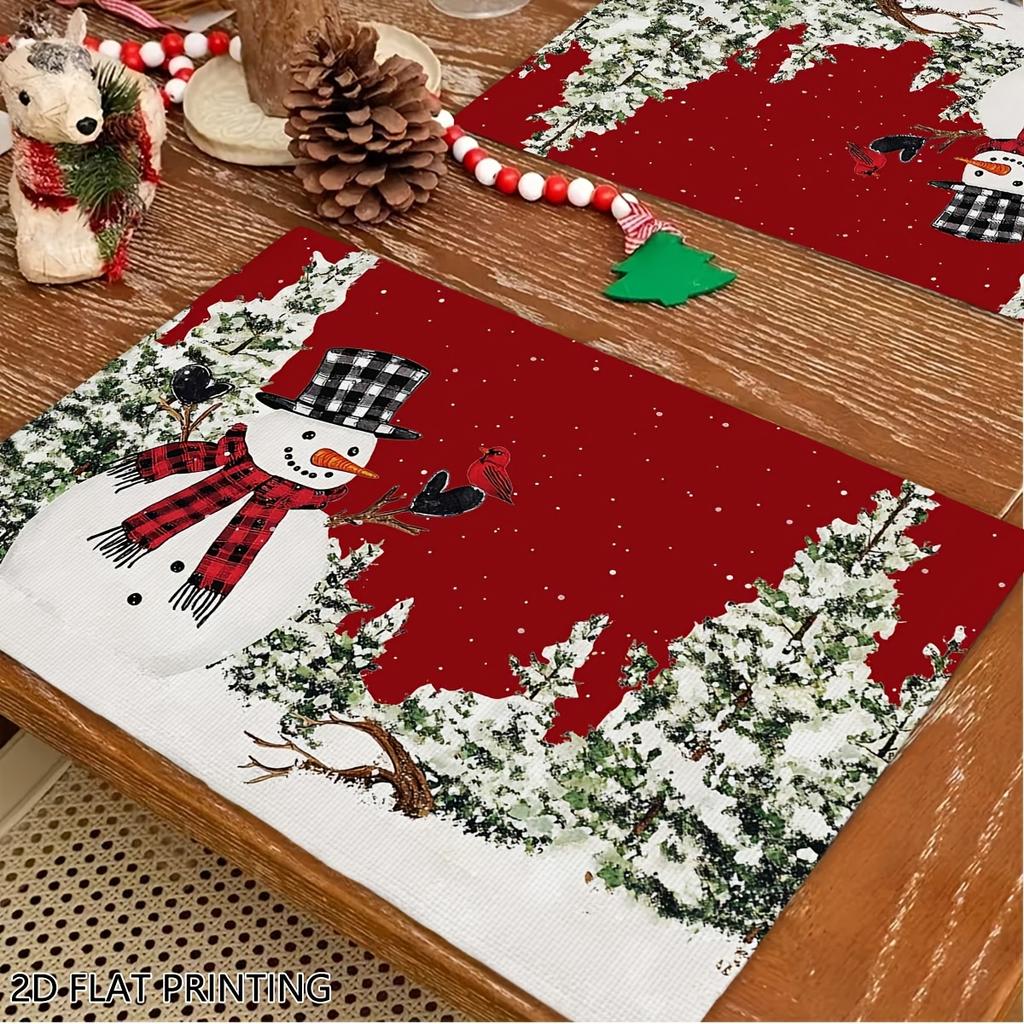 4pcs/6pcs Red Snowman Table Mats Suitable for Xmas Home Decor, Vintage Placemats with Snowman Pattern, Rectangular Kitchen Dining Table Decorations fo
