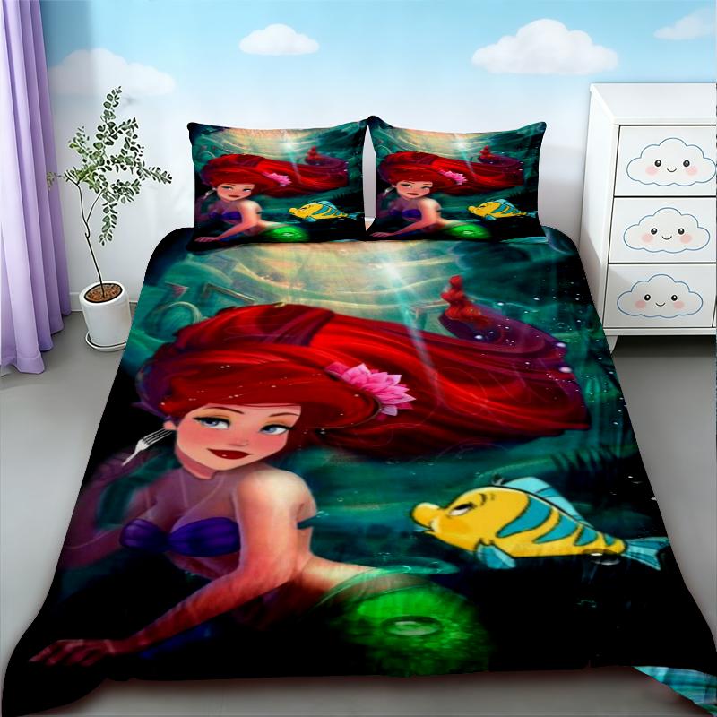 3pcs Duvet Cover Set Mermaid Cartoon Beautiful Bedding Set Quilt Cover Queen King Size for Girl Bedroom Home Decor
