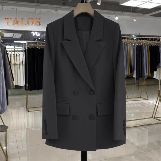 Women Suit Coat Lapel Long Sleeve Double-Breasted Suit Jacket with Flap Pockets Solid Color Loose Fit Casual Business Outwear