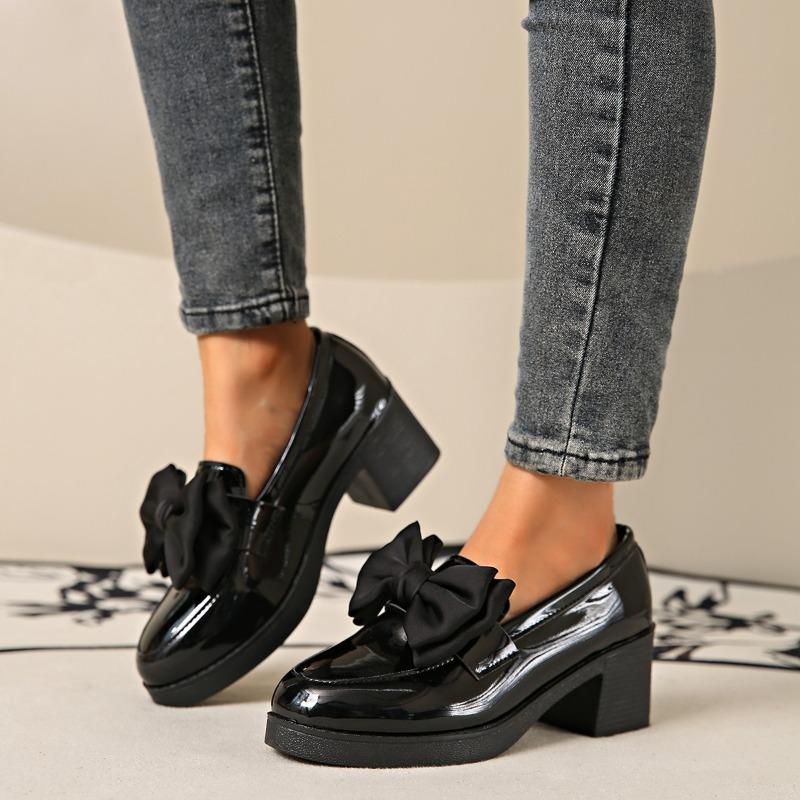 Bow British thick heel loafer single shoes women's autumn lazy large size casual one-pedal small leather shoes
