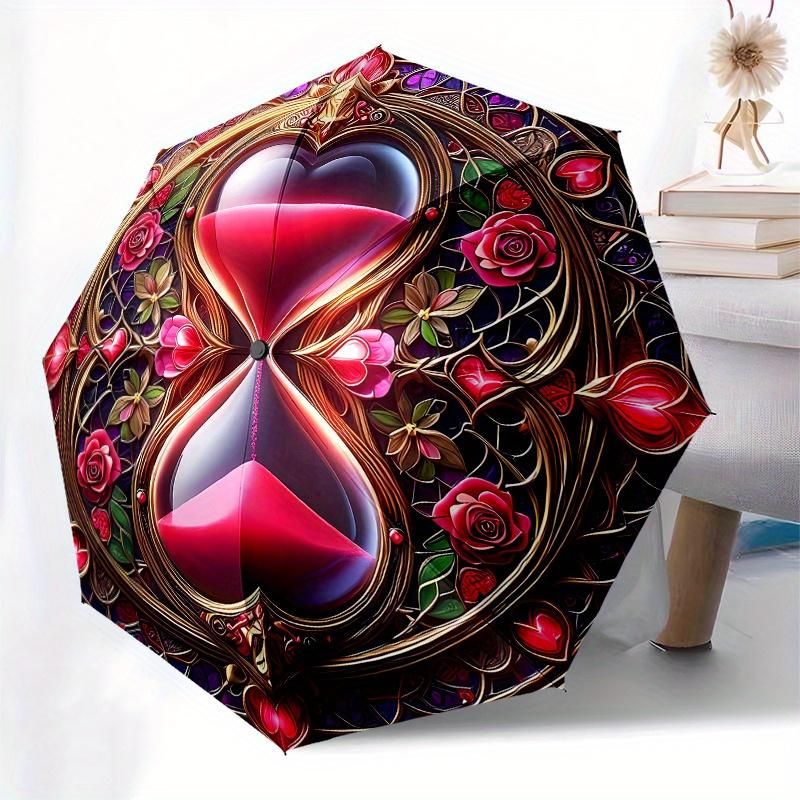 Love in Bloom: Heart-Shaped Hourglass Ornament Umbrella, Cute Umbrella with Cute Design, Portable 3-Fold Compact Umbrella for Men & Women, Valentine's