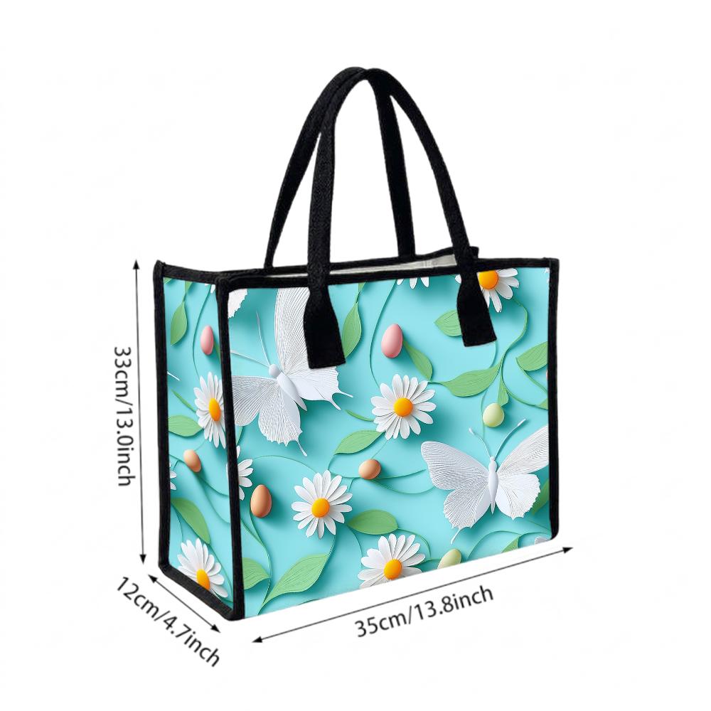 Cute Daisy Butterfly Print Tote Bag Fashion Casual Large Capacity Handbag for Daily Use
