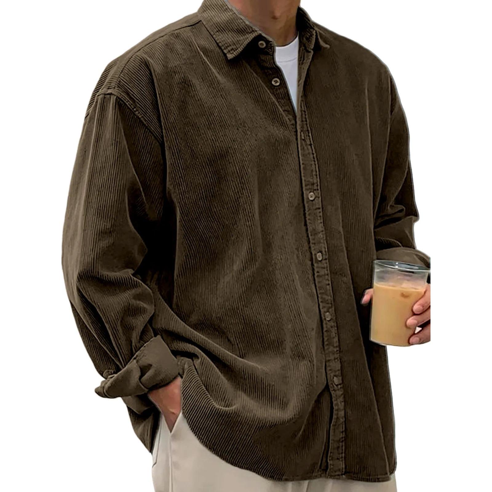 

Мужская повседневная однотонная вельветовая рубашка на пуговицах, мужская модная рубашка с длинными рукавами, свободного кроя, с квадратным вырезом, плотная XXXL коричневый