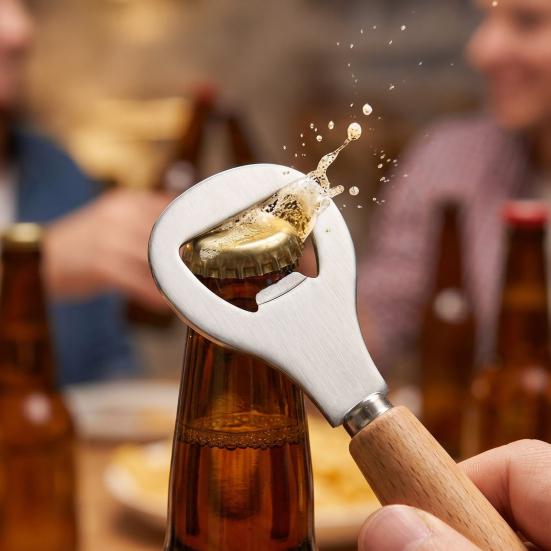 Beer Bottle Opener, Stainless Steel Cap Remover with Beech Wood Handle, Heavy Duty Opener for Kitchen Bar Camping Outdoor