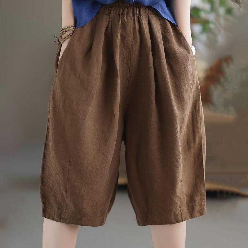 Cotton Short Pants Women's Summer Versatile Wide-legged Pants Comfortable Cotton Linen Pants Elastic Waist Chinese Pants