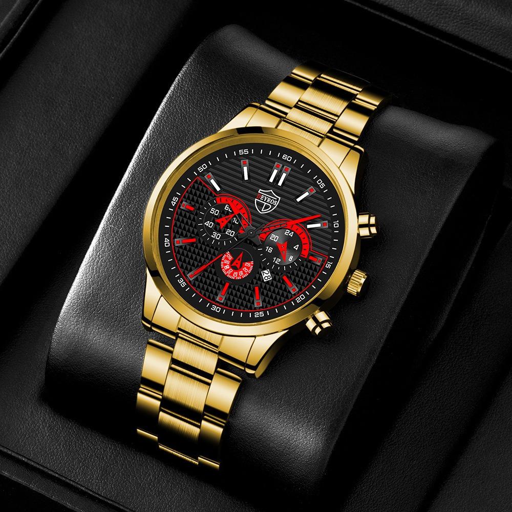 DEYROS Fashion Men's Calendar Steel Strap Watch Men's Casual Fake Three Eyes Quartz Wristwatch, Best Choice for Men's Gifts