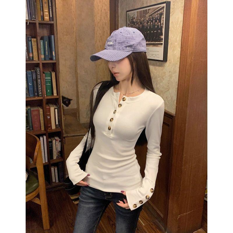 Women's Korean Style Henry Collar Button Long Sleeve Slim Fit T-shirt - Autumn/Winter Waist Cinched Sweet Spicy Girl Top