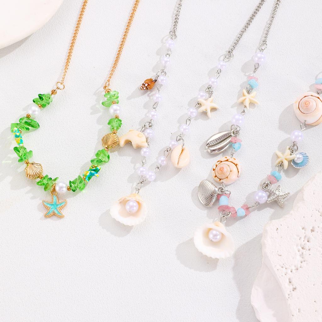 Sweet Summer Choker Necklace for Women Dopamine Seashell Starfish Pendant Asymmetrical Seaside Layered Chain Boho Zircon Gift