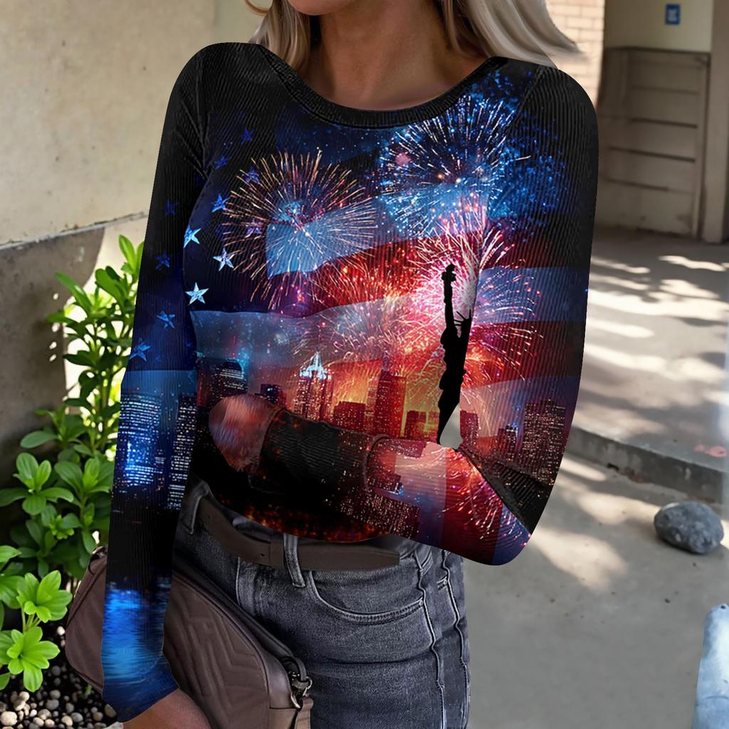 Damen Freizeit Langarm Rippstrick Oberteil Rundhals Pullover Amerikanische Flagge Print Leicht Dehnbares Shirt für den Alltag