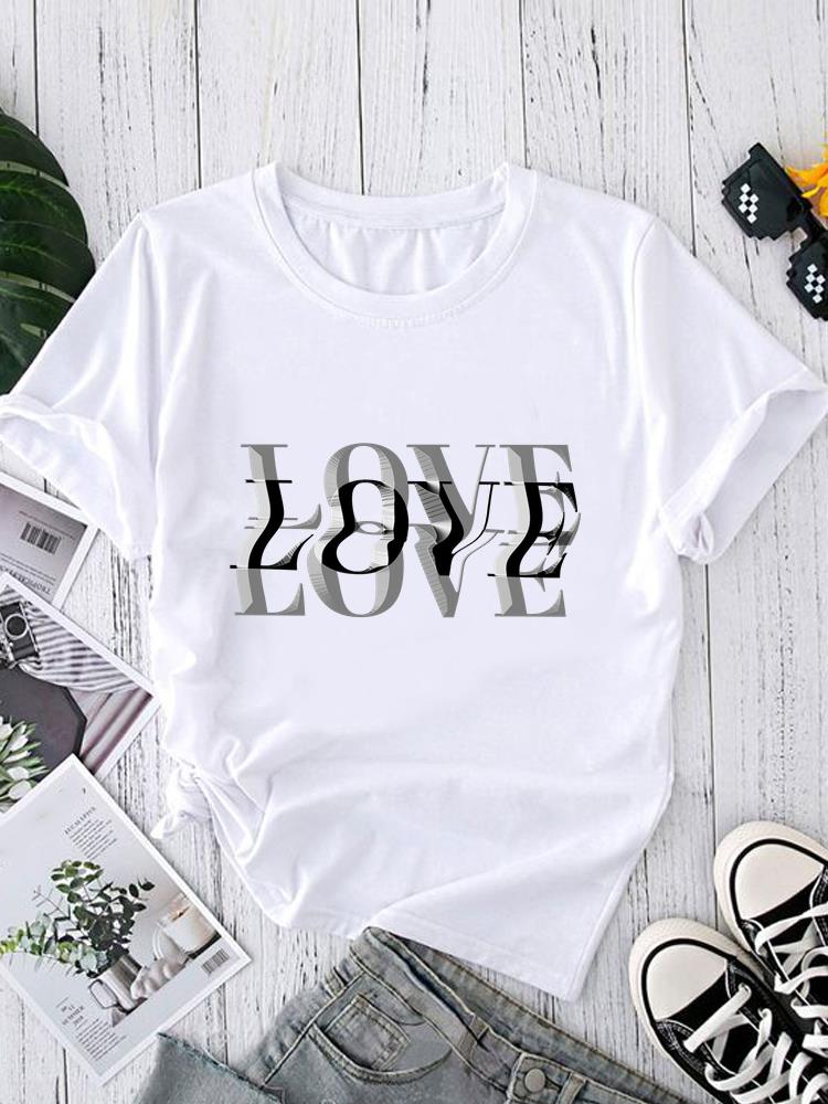 (Asian Size) O-neck Women's Top T Shirt Printed Short Sleeve T-shirts Style Letter Cute Fashion Female Casual Clothing Graphic Tee
