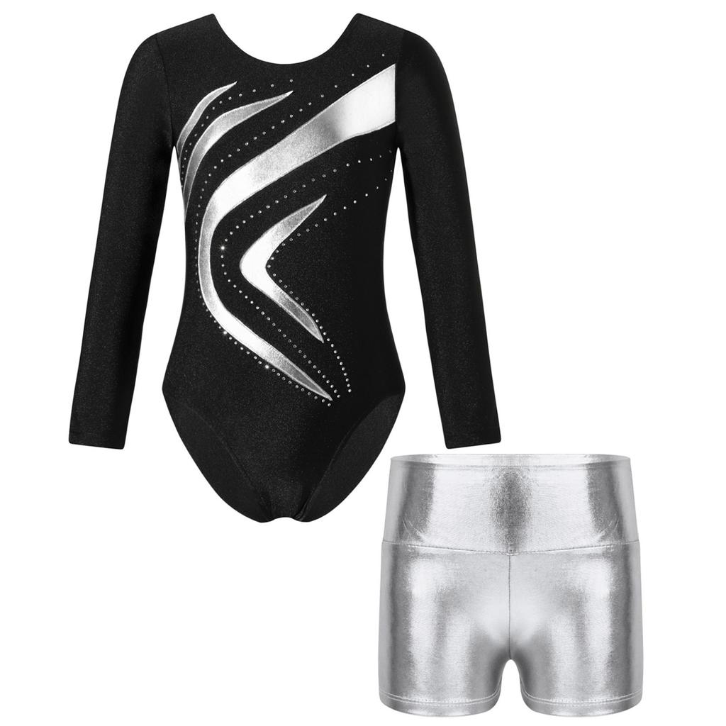 Kids Girls Dance Set Long Sleeve Rhinestones Leotard with Shorts for Gymnastics Performance Competition