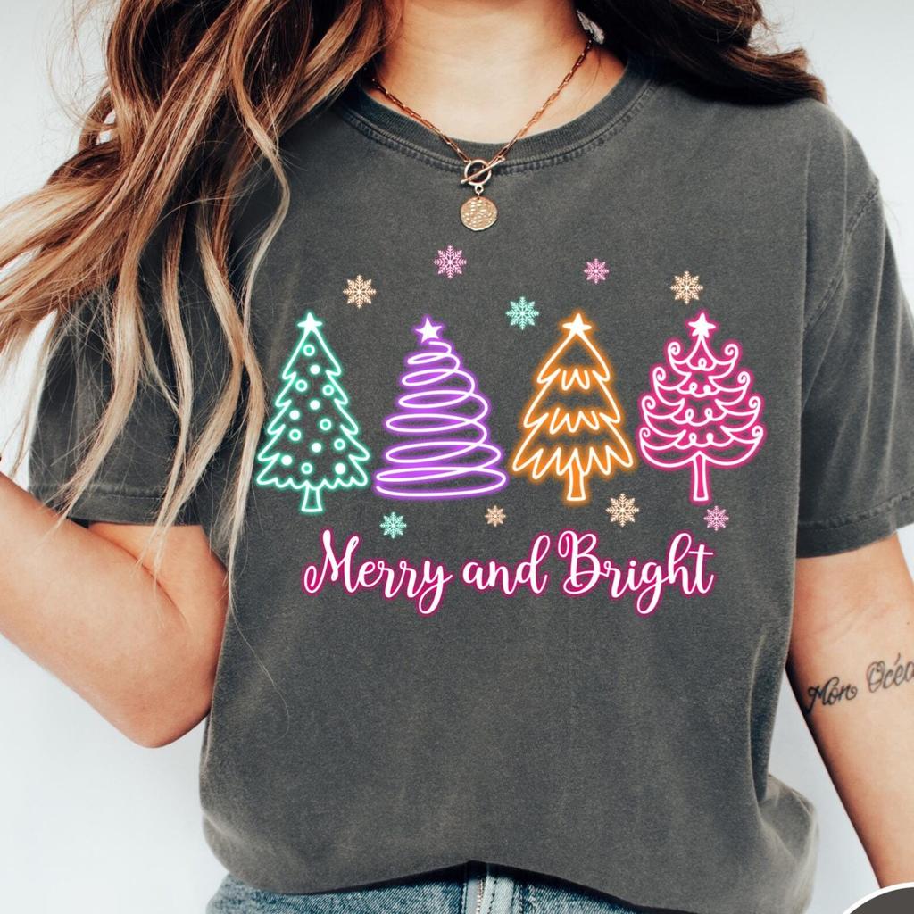 Merry and Bright Neon Christmas Comfort Colors® T-Shirt, Retro Christmas Tee, Women's Christmas T-Shirt, Trendy Holiday Cute Christmas Shirt