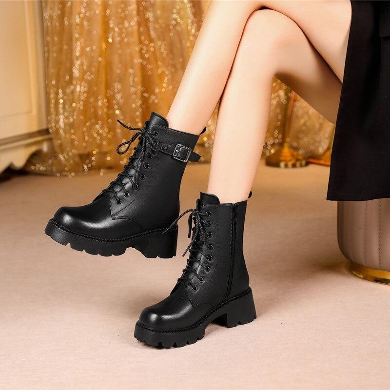 Dámské kozačky vzor na vysokém podpatku britský styl dámské zimní kozačky z pravé kůže velké protiskluzové dámské kozačky z husté vlny