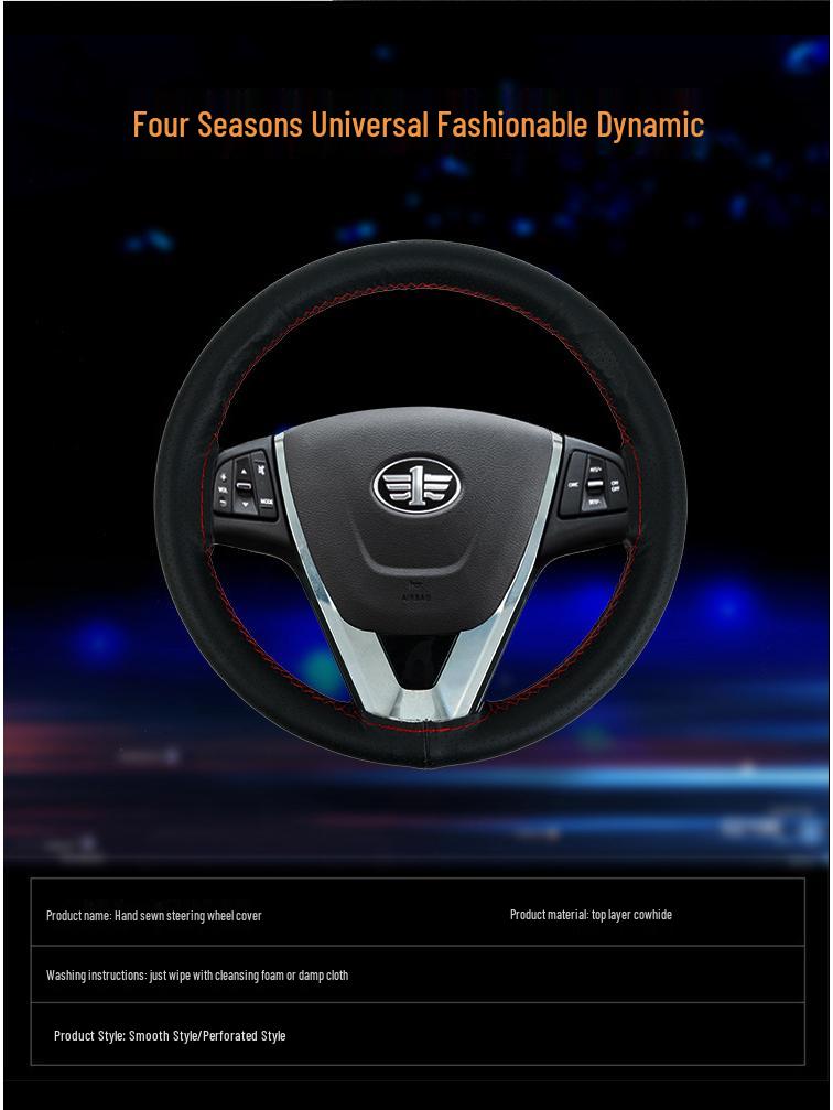 Genuine Sheepskin Texture Leather Steering Wheel Cover, All-Season, Hand-Stitched Calfskin