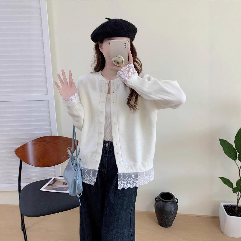 Autumn and winter new design lace splicing lace knitted cardigan women's loose age-reducing sweater jacket