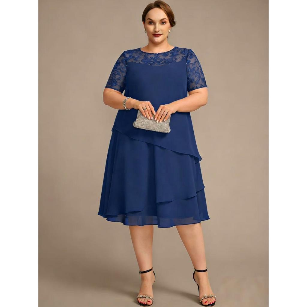 Nuovo Vestito da Donna Taglie Forti in Chiffon con Intarsi in Pizzo Traforato Manica Corta Vestibilità Aderente per il Lavoro e il Tempo Libero