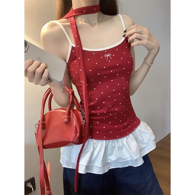 Корейская сладкая и острая красная майка в горошек - Стройнящая и универсальная женская майка, лето 2026 Large красный