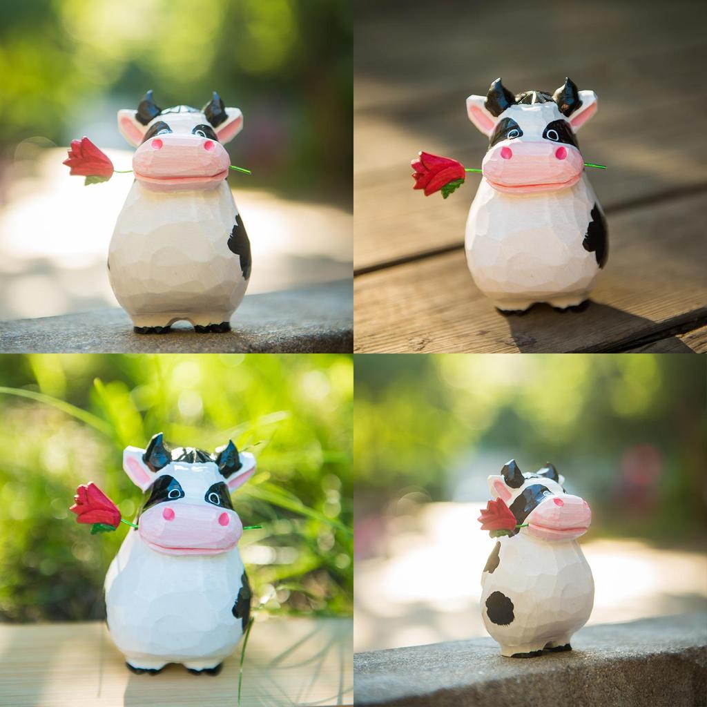 Wooden Cow Carved Figurine Handcrafted Natural Decor For Office Desk And Gift Giving