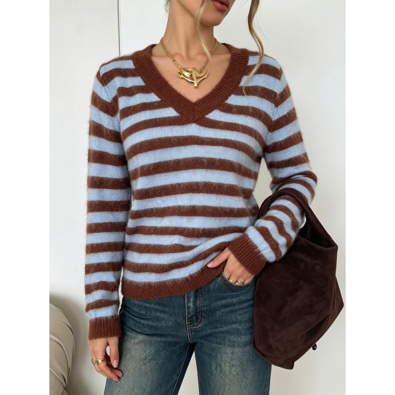 Women S Two Sided Knit V Neck Striped Casual Loose Fit Sweater