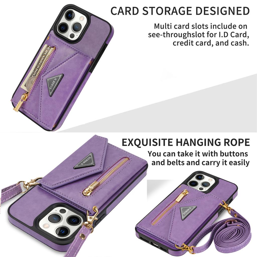 N.BEKUS For iPhone 16 Pro Max Leather Zipper Case Card Holder Phone Cover with Shoulder Strap